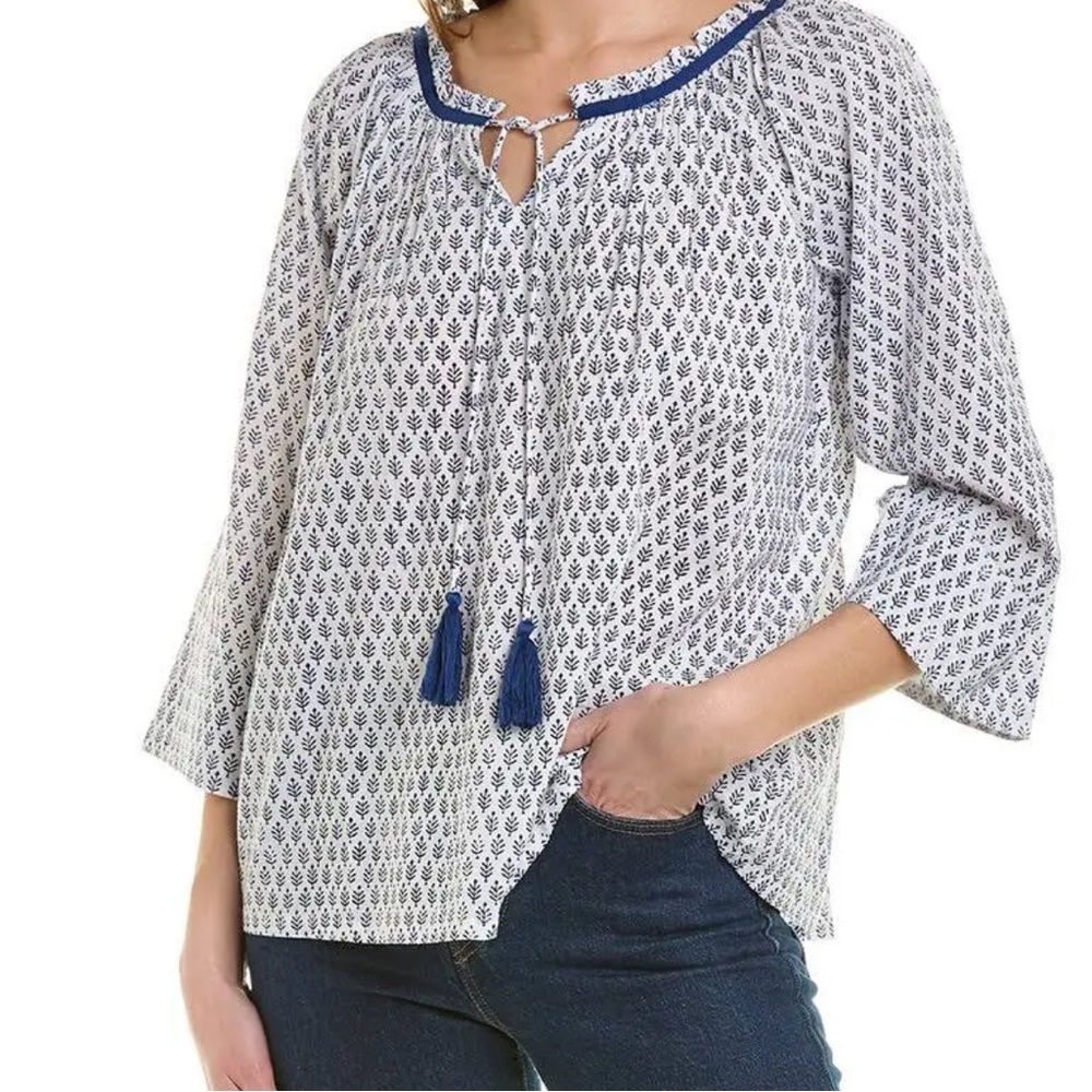 Pomegranate size large NWT‎ blue and white vneck tie tassels sheer cotton blouse